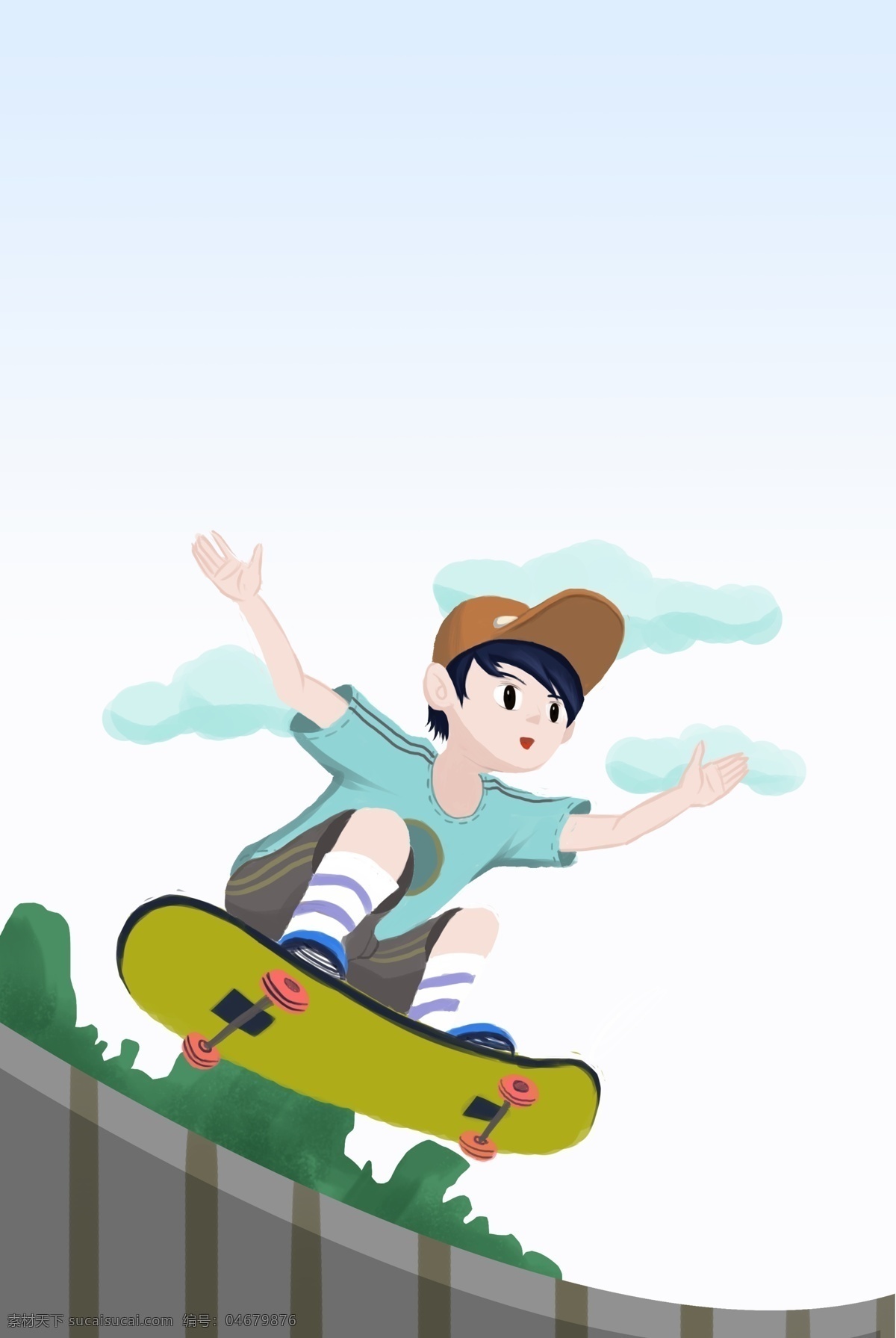 滑板 健身 小 男孩 海报 背景 小男孩 运动 帽子 黄色的滑板 卡通