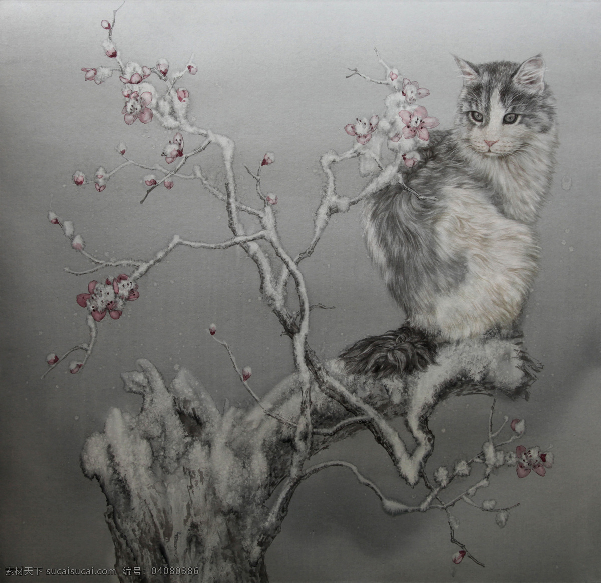 动物国画 猫 梅花 工笔画 意境 暖冬 绘画 艺术 绘画书法 文化艺术