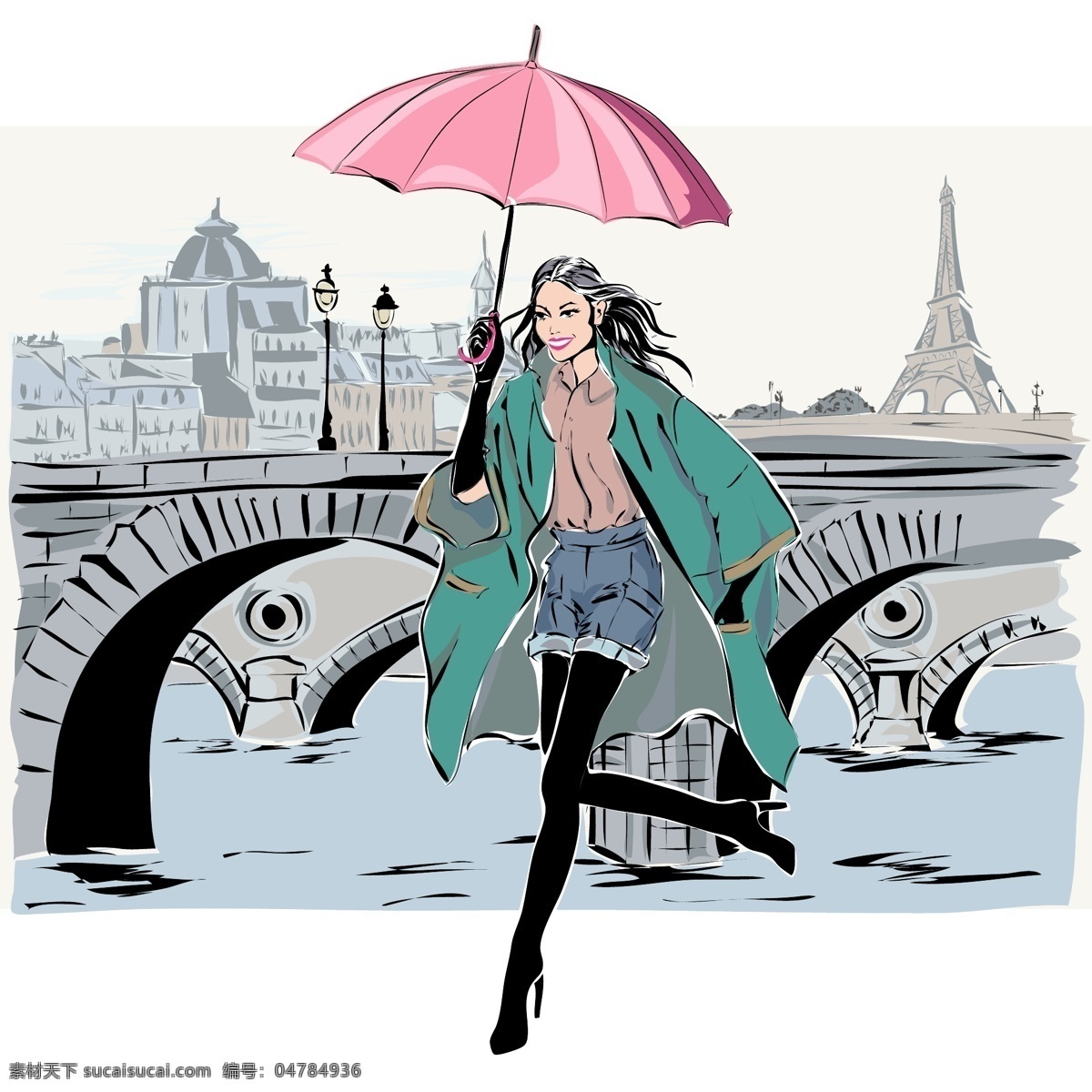 手绘 打伞 女性 插画 建筑 城市 时尚