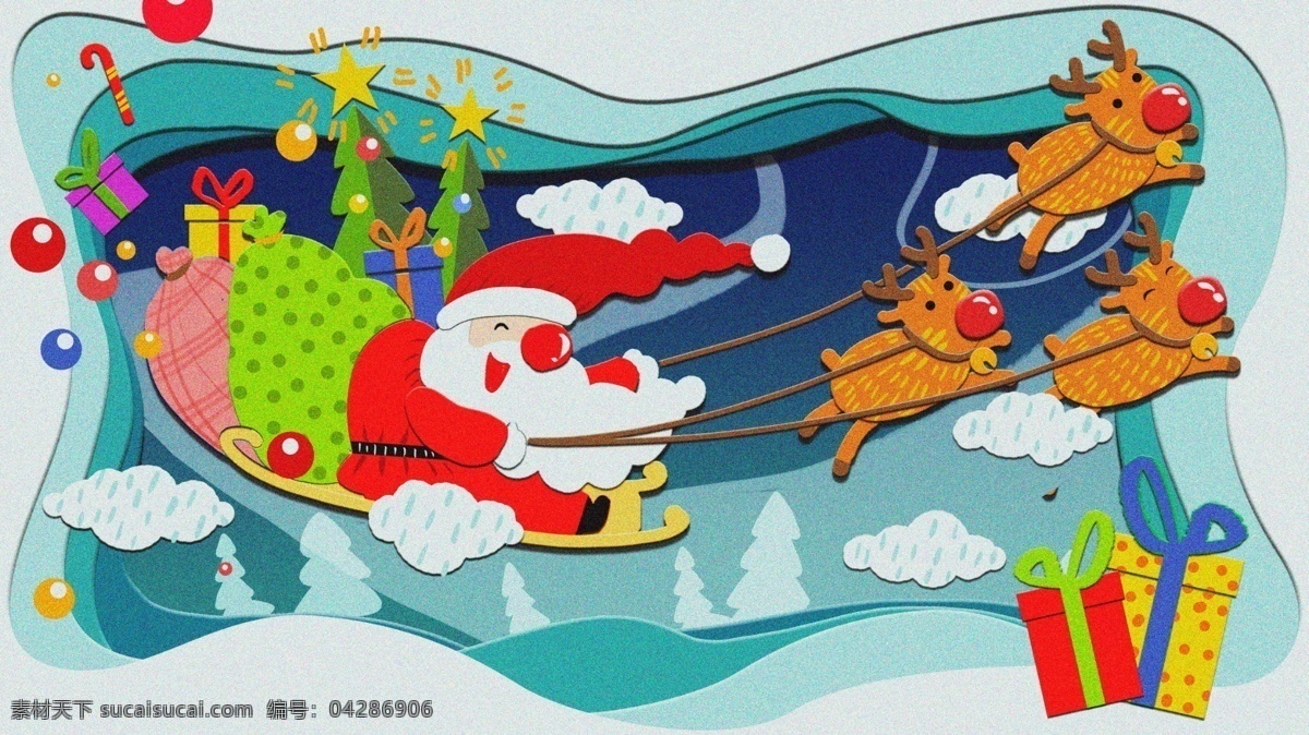 圣诞节 圣诞老人 剪纸 风 插画 礼物 壁纸 平安夜 鹿 小鹿 手机配图 文章配图