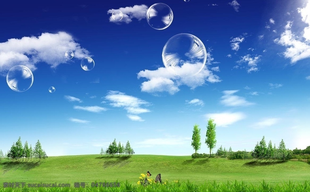 绿色的小草 草坪 蝴蝶 大树分层图片 蓝天白云分层 高清自然风景 分层