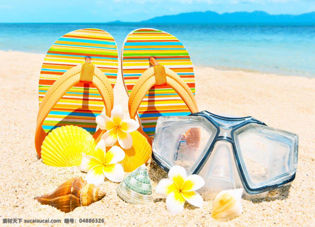 沙滩 上 度假 用品 大海 潜水镜 拖鞋 生活百科 生活素材