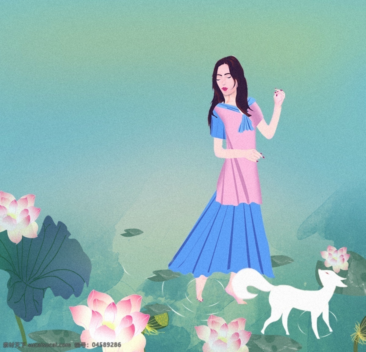 原创 小 清新 夏日 女孩 插画 简约 海报 背景 小清新 包装 荷花 水面 狐狸