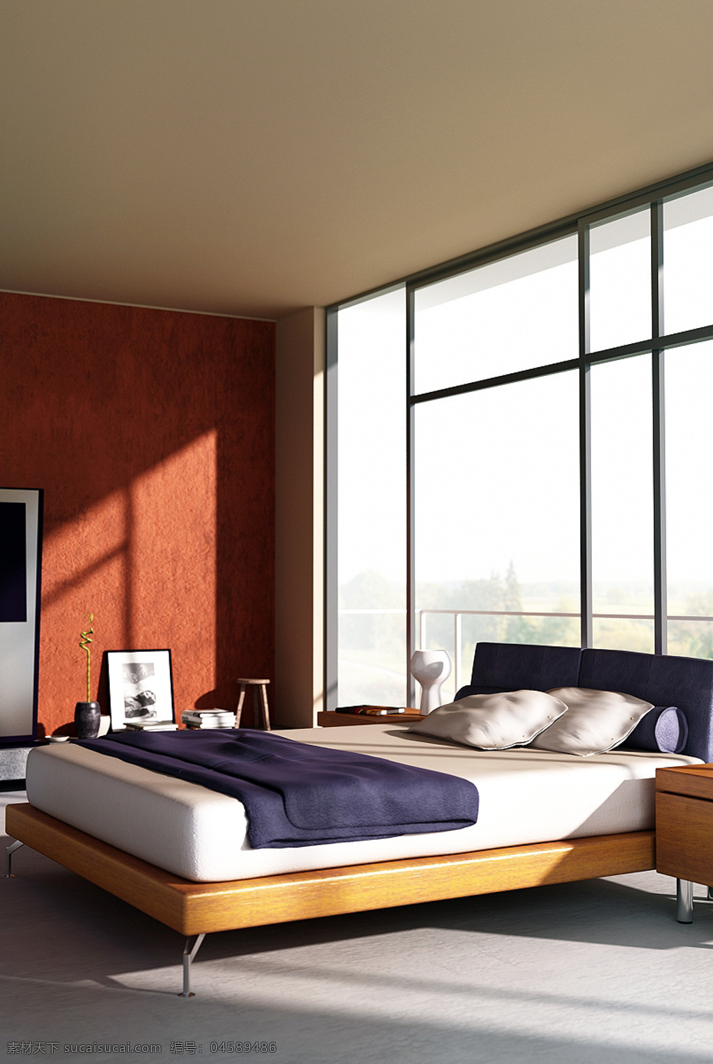 简约 风格 暖 色系 卧室 max 效果图 室内效果图 创 落地窗 地板 壁纸 max源文件 渲染图