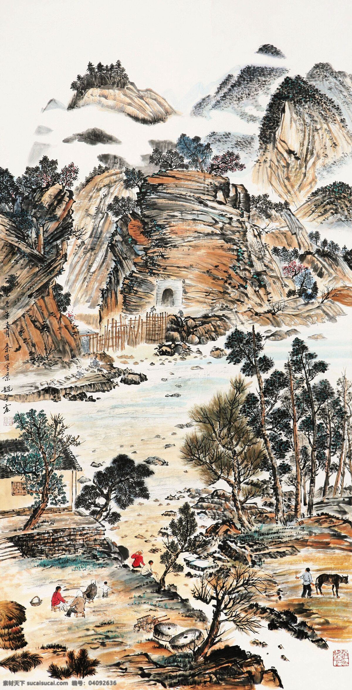 村庄 房屋 画 绘画书法 农家 瀑布 人 山峰 山野美景 中国画 水墨画 山水画 现代国画 山水 山岭 院子 村民 牧牛 江流 山石 树木 树林 云雾 书法 印章 文化艺术 装饰素材 雕刻 图案