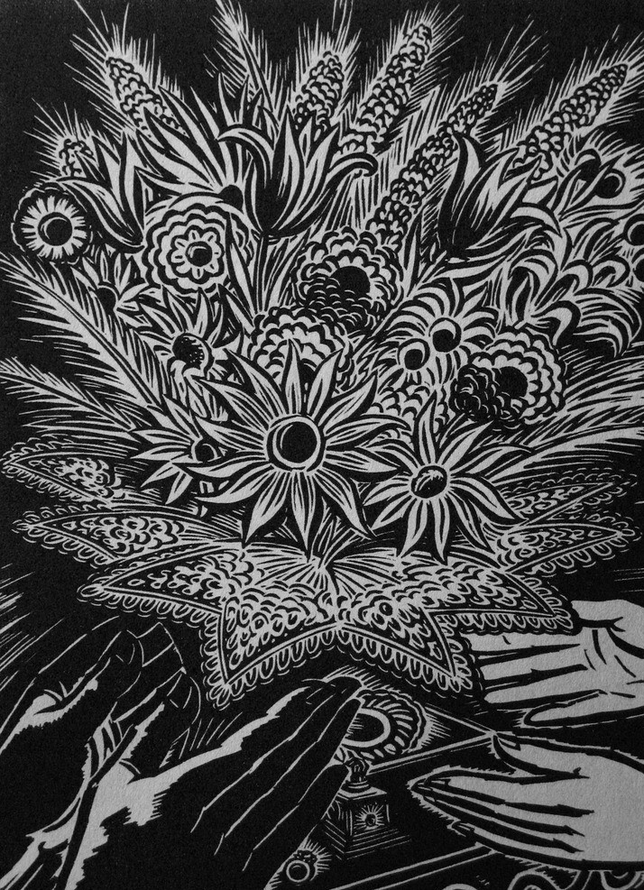 过节日 木刻版画 法朗 士 麦绥莱勒 1958年 双手 黑手 白手 手掌 手背 花 草 艺术 绘画 雕版 印刷 木刻 版画 作品 绘画书法 文化艺术