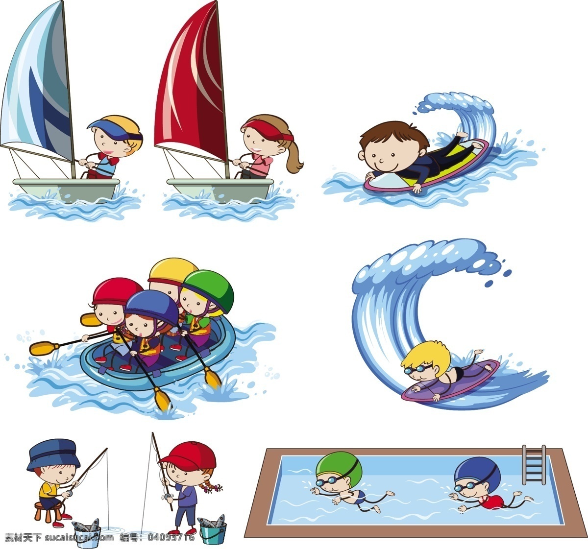 卡通 夏日 儿童 矢量 卡通儿童 夏天 游玩 游泳 冲浪 帆船 夏天背景 卡通设计
