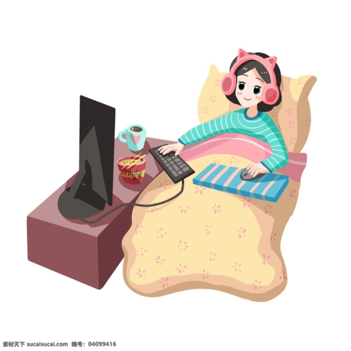 手绘 宅 女 玩电脑 插画 黑色的键盘 卡通插画 玩电脑的女孩 黑色的电脑 手绘宅女插画 宅在家的女孩