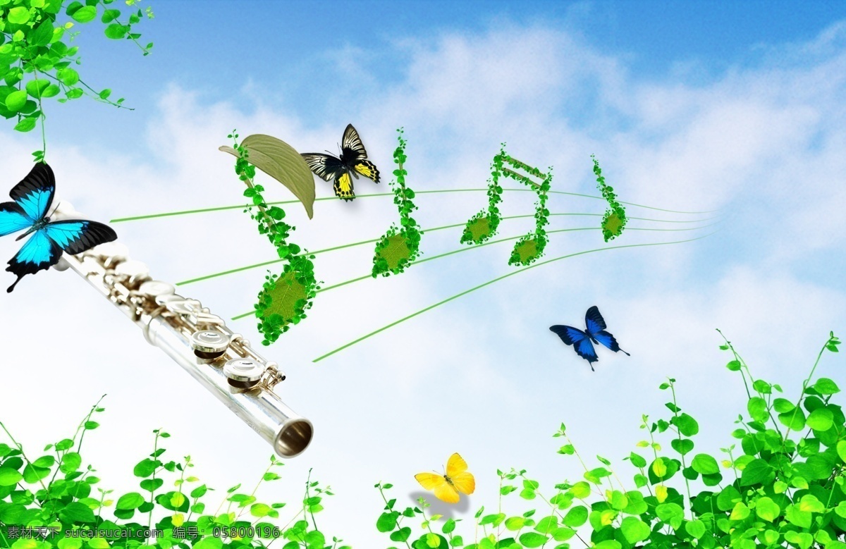 绿色音符 环保 音乐 绿色 蝴蝶 演奏 笛子 音标 音符 线谱 设计图
