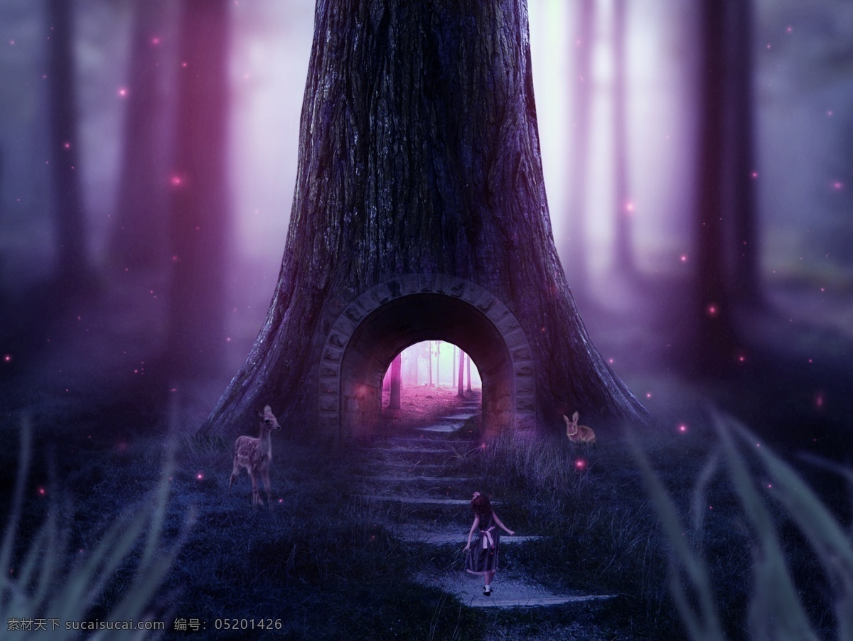 梦幻森林 梦幻 森林 树木 动物 小女孩 阶梯 紫色 兔子 小鹿 黑色