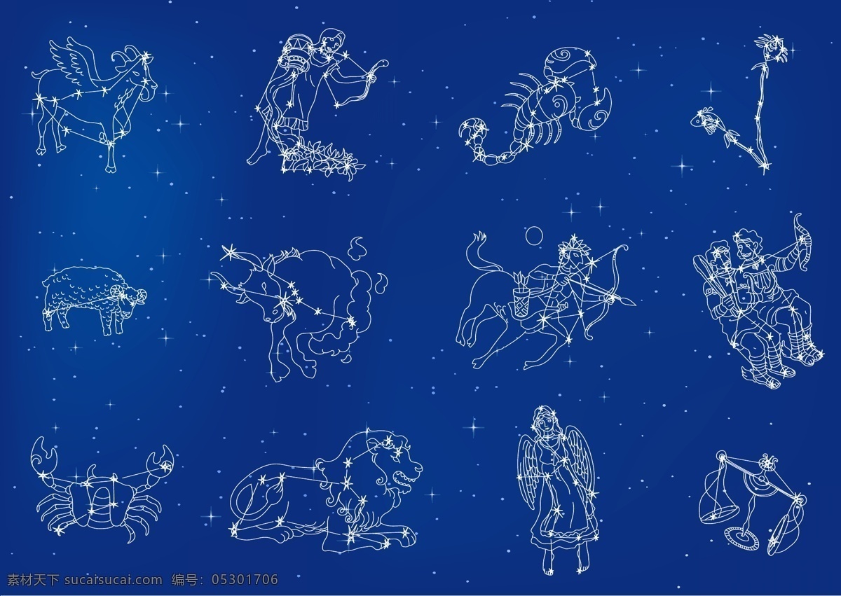 十二星座 图案 矢量 神话 矢量图 手绘 西方 星空 星星 星座