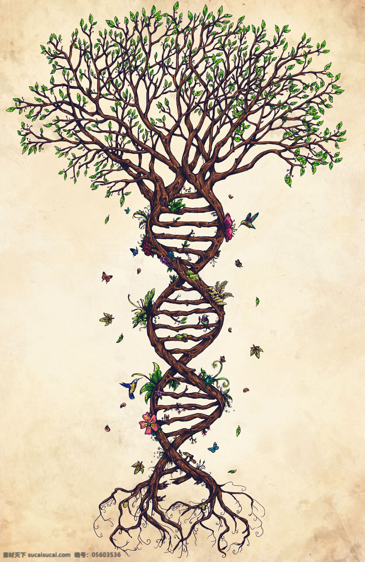 树形dna 树dna 树枝 基因 树叶 科技 生物科技 医疗 树根 黄色背景 小鸟 花朵 春天 生命 花草 生物世界