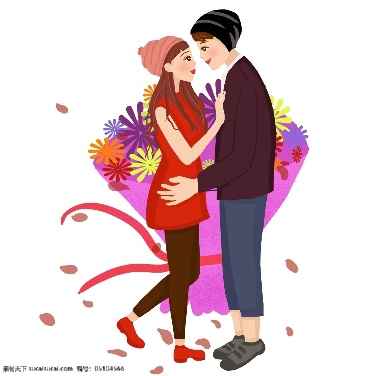 情人节 人物 鲜花 插画 漂亮的小女孩 红色的帽子 红色的丝带 紫色 花束 恩爱的情侣