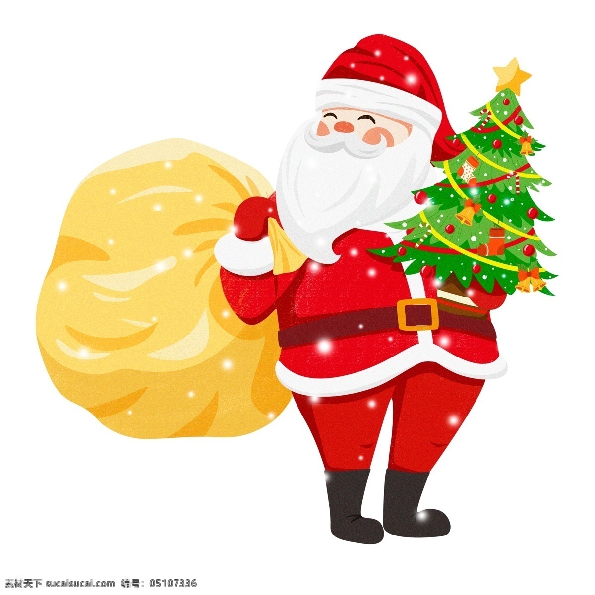 清新 唯美 圣诞 老公公 礼物 圣诞树 插画 手绘 大雪 圣诞老人 圣诞老公公 麻袋