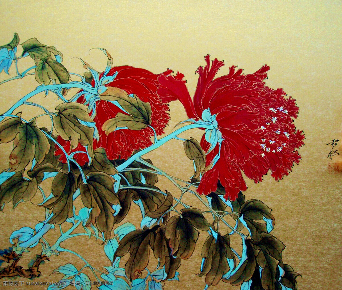 红色 牡丹 国画 植物 中国画 水墨画 书画文字 文化艺术