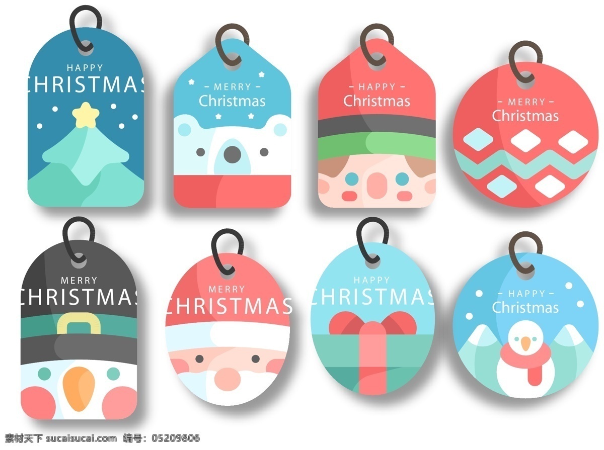 彩色 可爱 圣诞 标签 礼物 圣诞节 矢量素材 圣诞树 圣诞老人 雪人 英文