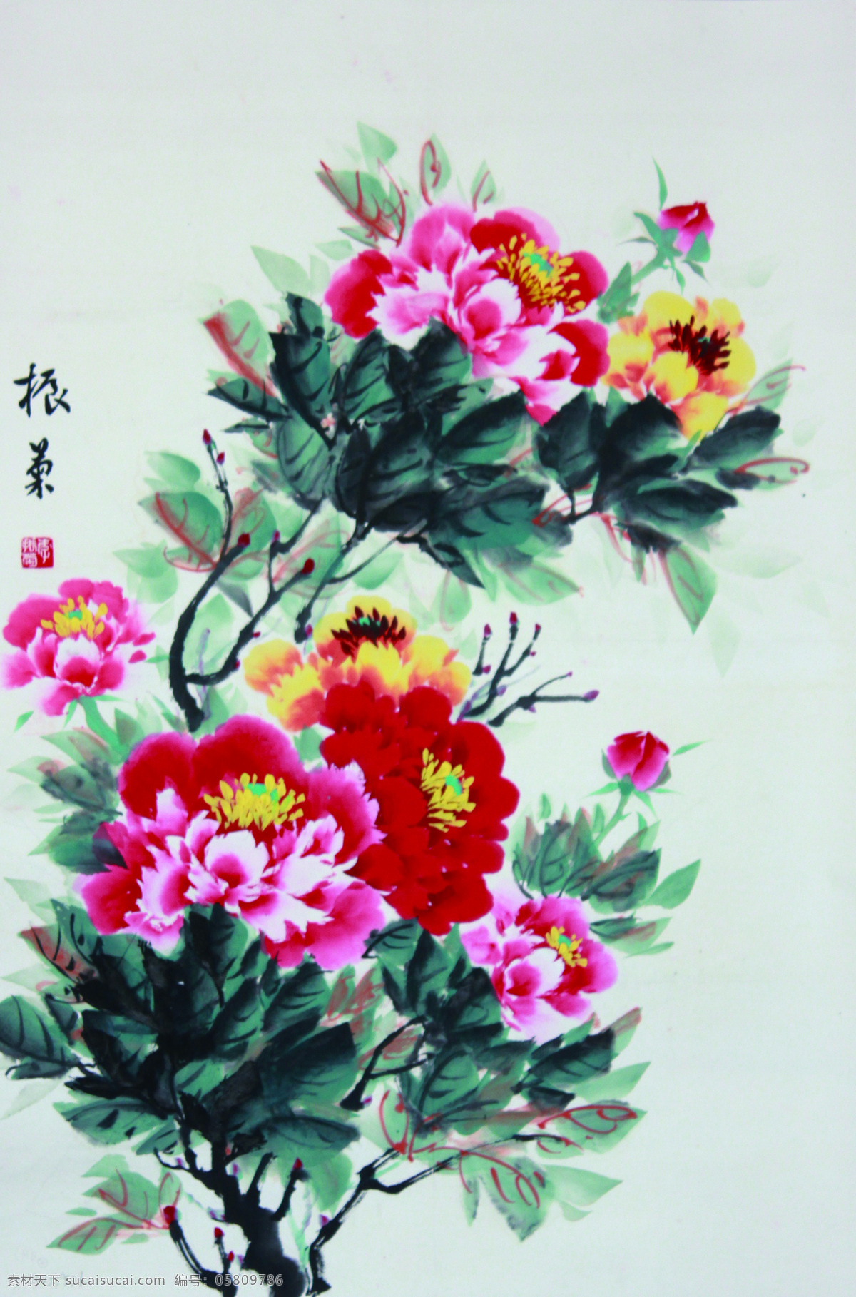 国画 牡丹 花开 富贵 山水 水彩画 灰色