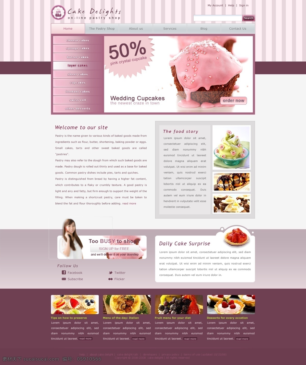 蛋糕 主题 网页 版式 源文件 分层 网页设计 网页模板 网页界面 界面设计 ui设计 网页版式 版式设计 蛋糕店 粉红色 竖纹 条纹 暗红色 欧美模板 白色
