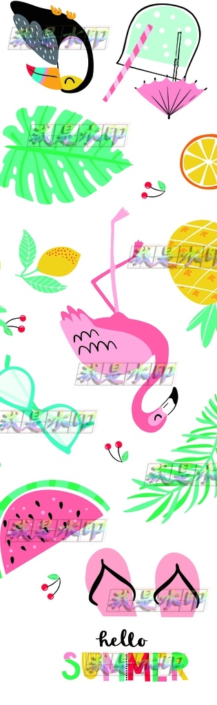 热带彩绘 鹦鹉 热带 火烈鸟 西瓜 清凉 拖鞋 彩绘 水彩 手绘 数码印花