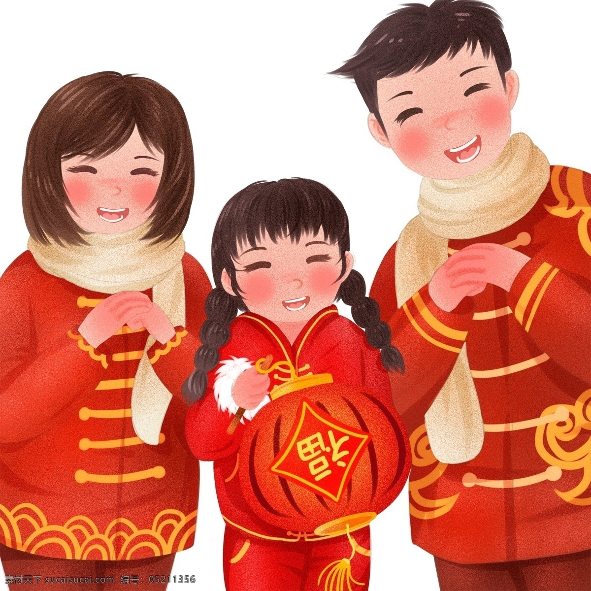 恭喜发财 拜年 一家人 中国风 插画 过年 灯笼 手绘 猪年 新年 人物设计 开心