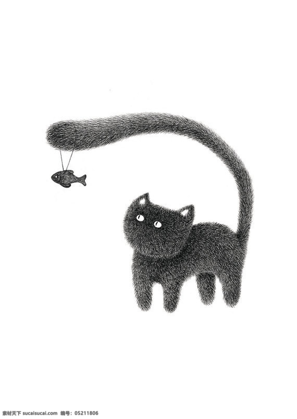 黑白 猫鱼 趣味 插画 装饰 图案 创意设计 元素 黑 白 猫 鱼 装饰图案