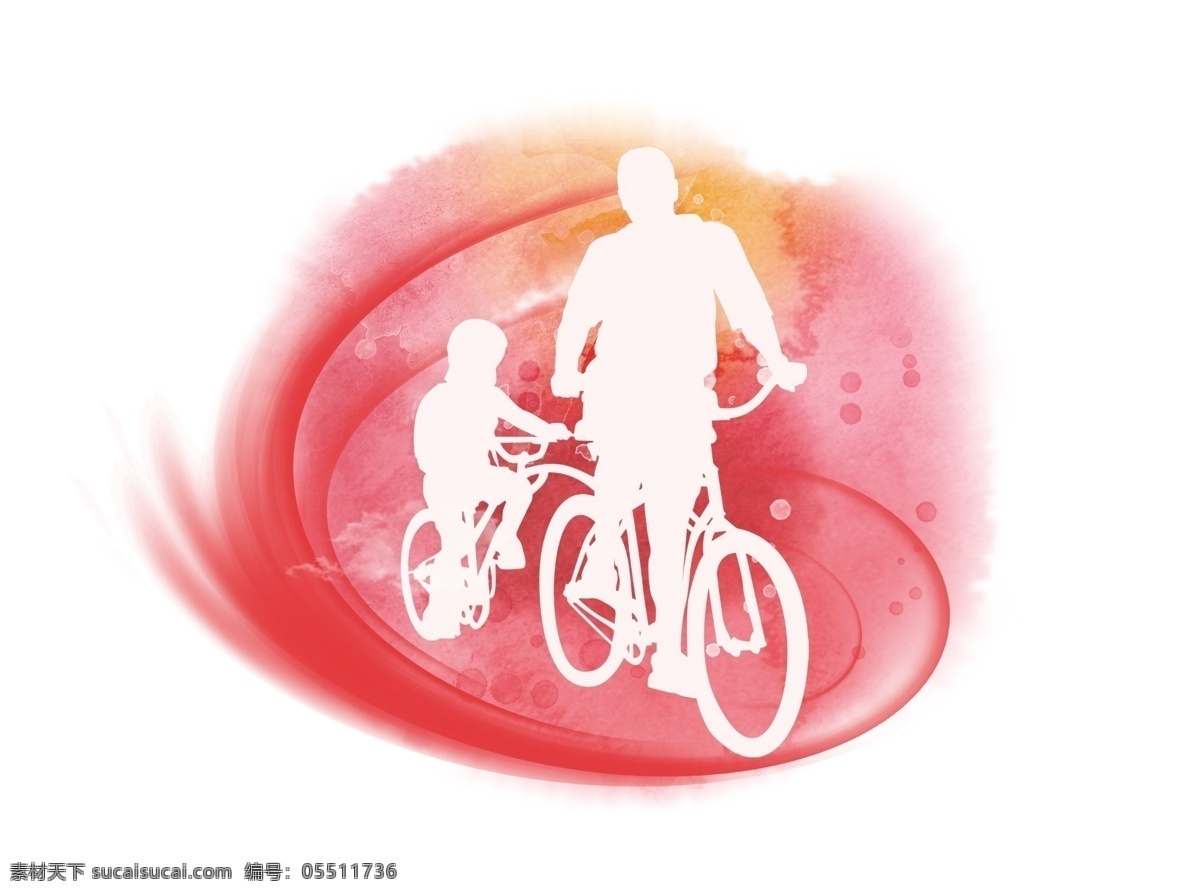 手绘 卡通 父子 装饰 剪影 自行车 红色 父亲节 骑车 爸爸 孩子