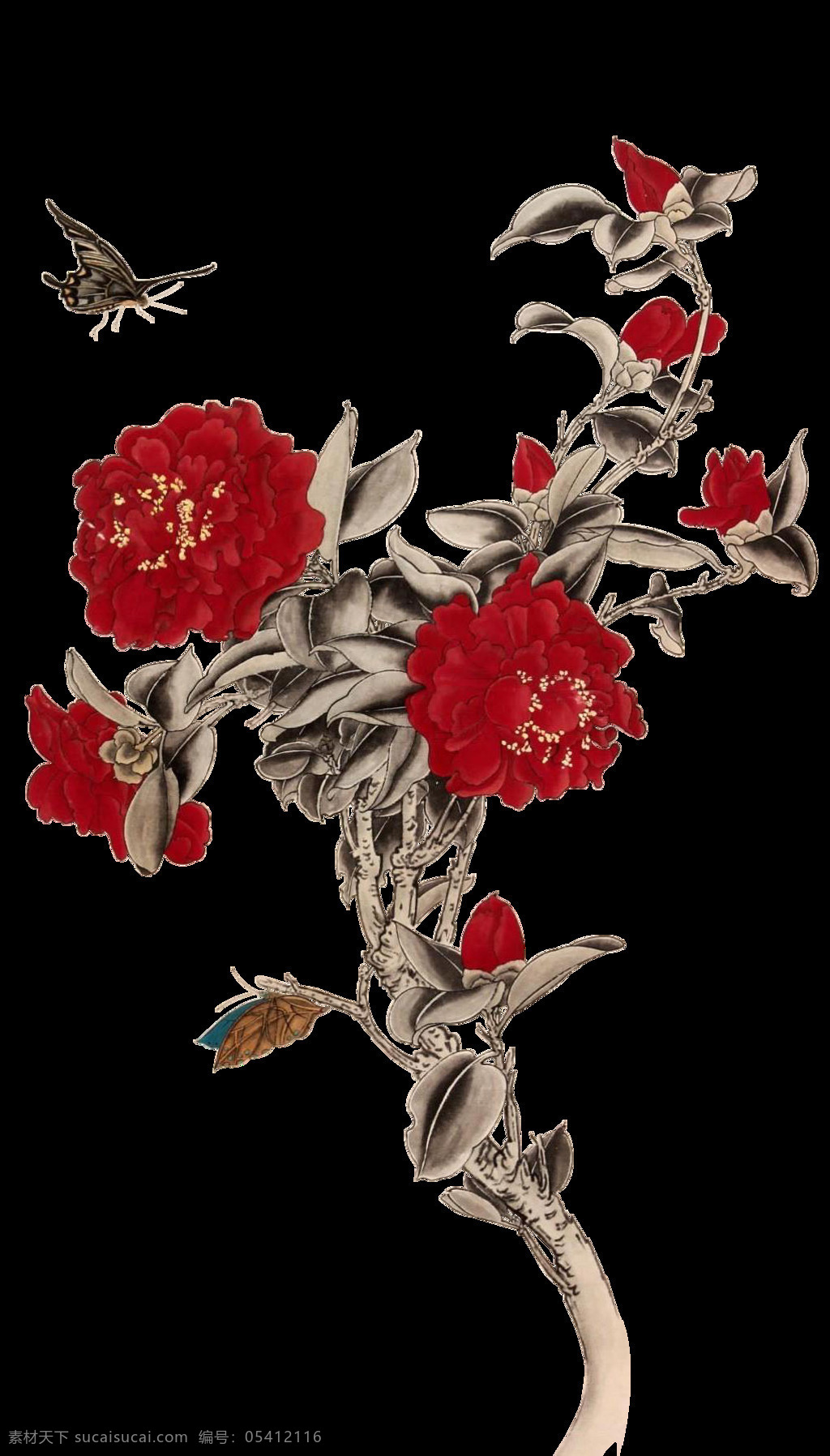 深 红色 花枝 蝴蝶 画 元素 花朵 矢量素材 树枝 设计素材 深红色 设计元素 装饰素材 装饰图案 png元素 效果素材 png效果图