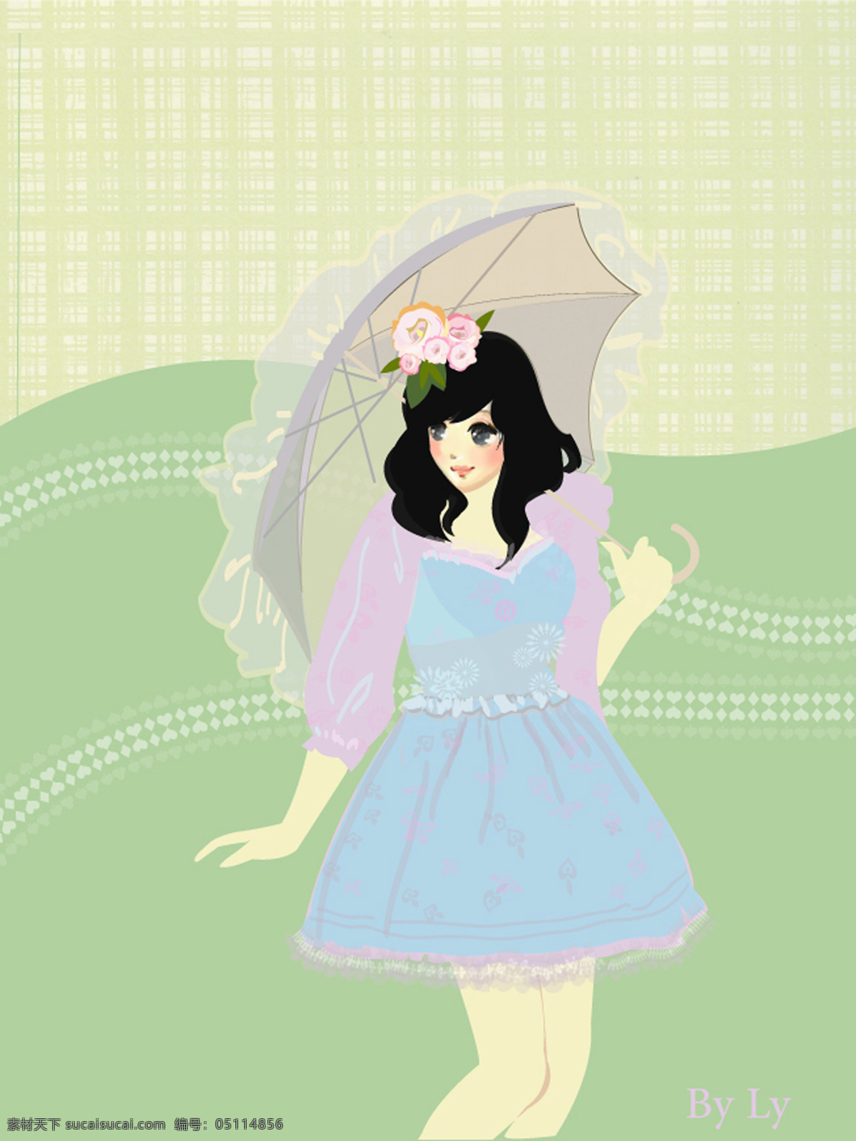 清凉 夏天 服装设计 女郎 水绿色背景 粉色上衣 蓝裙子 花雨伞 书籍 报刊杂志 插画 文化艺术