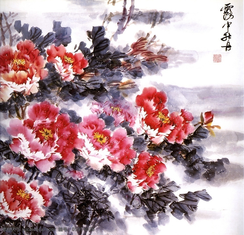 露中牡丹图 露中牡丹 国画 国花 露水 花瓣 酒店挂画 绘画书法 文化艺术