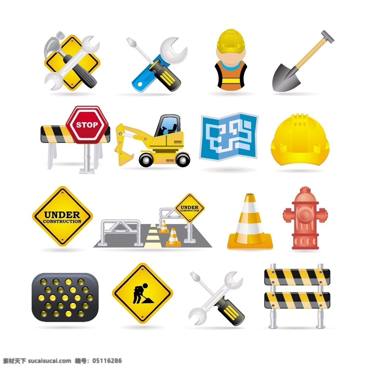 维护 维修 标志 矢量 图标 警告 提示 危险 修路 工人 挖车 安全帽 工具 路障 消防栓 标识 矢量素材 矢量图标 小图标 标识标志图标