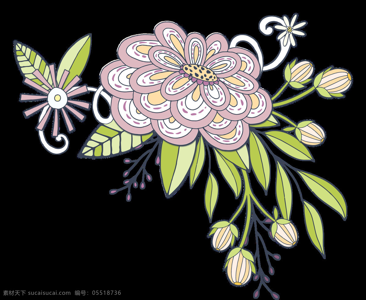 卡通 淡紫色 花卉 透明 淡雅 花苞 绿色 免扣素材 水彩 透明素材 线性 叶子 装饰图案