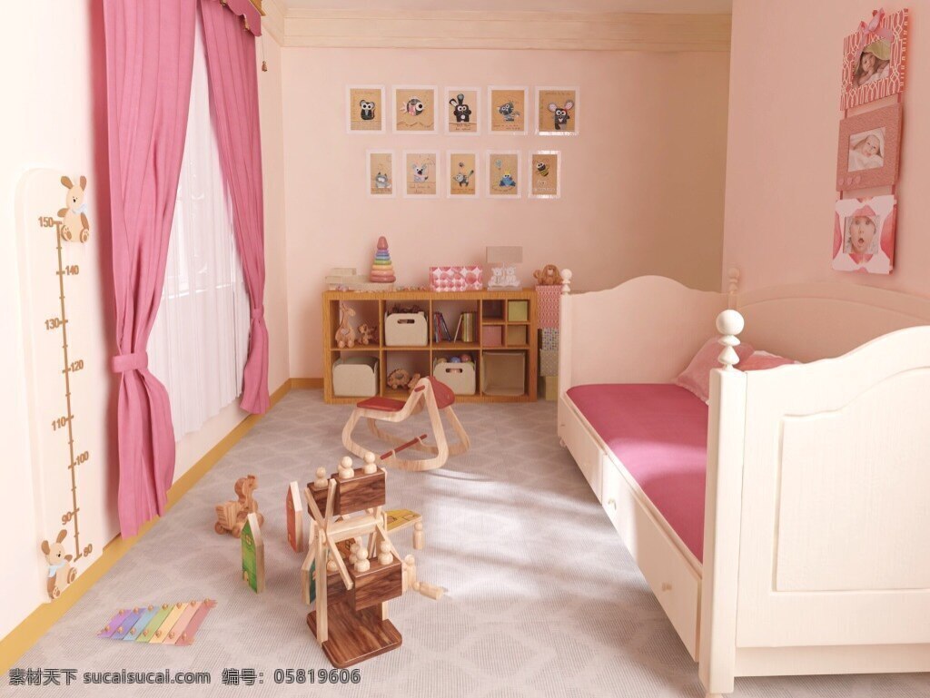 粉色 系 公主 卧室 效果图 粉色窗帘 儿童卧室 公主房 玩具 max源文件 浅色地板 渲染图
