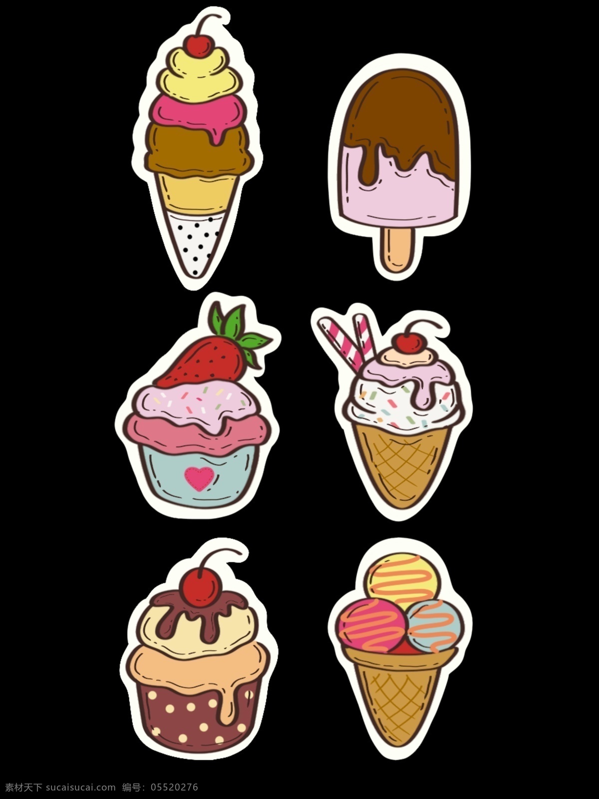 可爱 卡通 冰淇淋 雪糕 贴纸 彩色 卡通手绘 冷饮 食物 线条 花纹 amp 背景 免 抠 图 底纹边框 其他素材