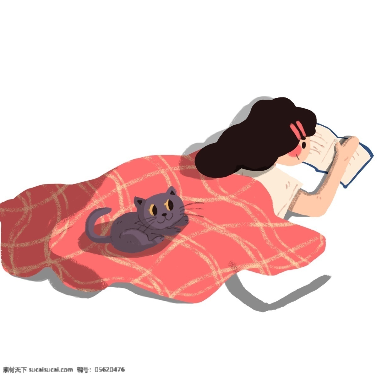 温馨 冬日 窝 沙发 上 趴 看书 女孩 人物 猫咪 插画 手绘 被窝 趴着