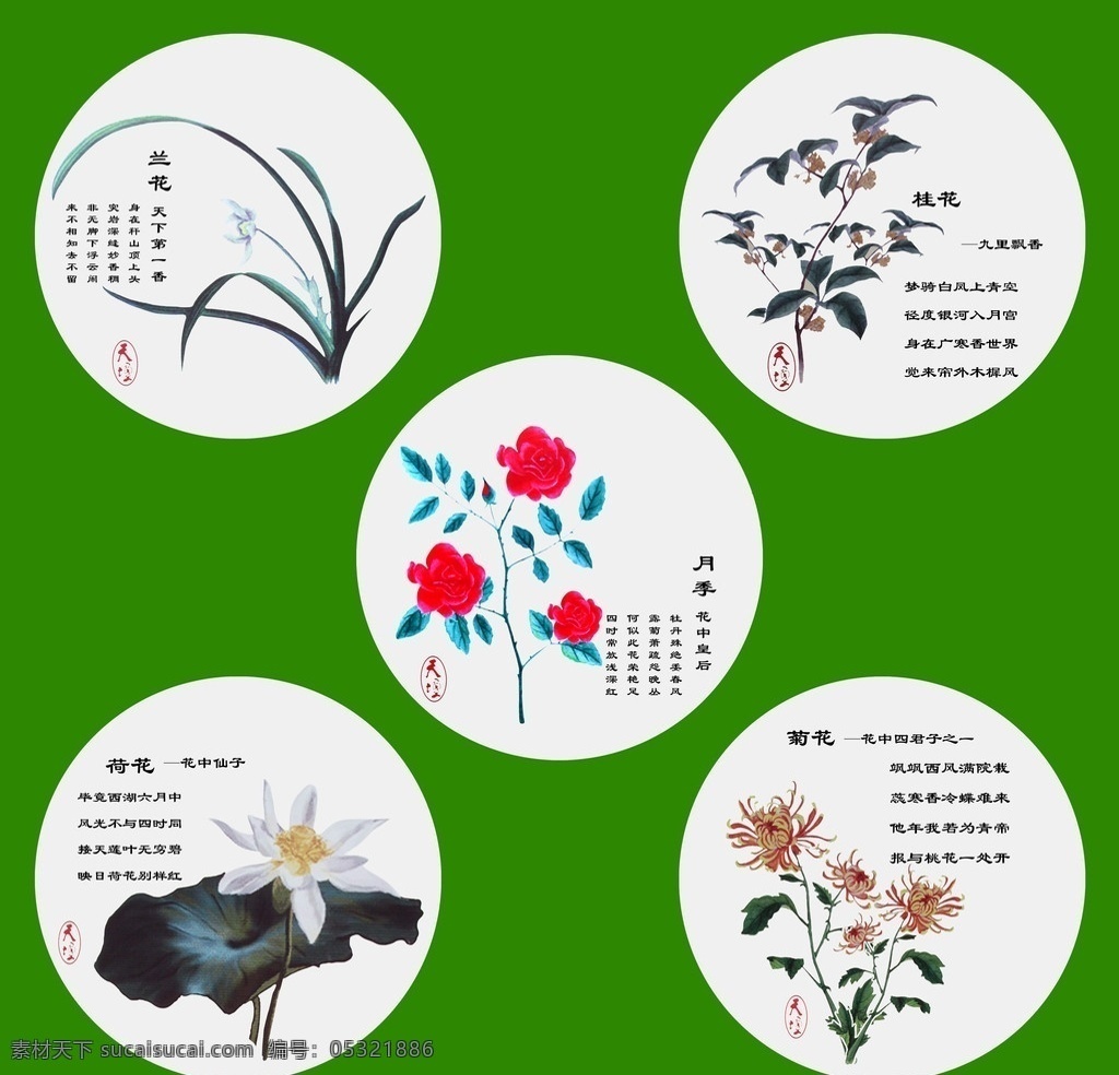 花素材 月季 花中皇后 兰花 天下第一香 桂花 九里飘香 荷花 花中仙子 菊花 花中 四 君子 之一 诗词 圆形 五圆 天坛 分层 源文件