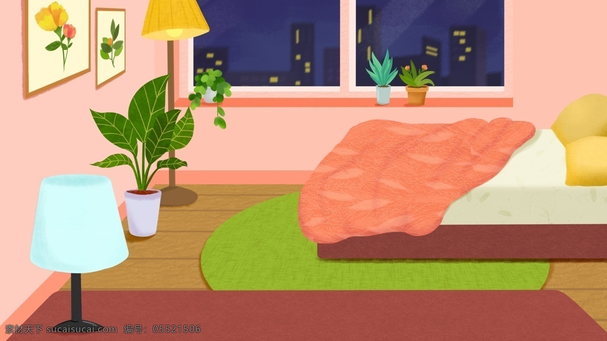 粉色 女生 卧室 卡通 背景 植物 台灯 粉色系