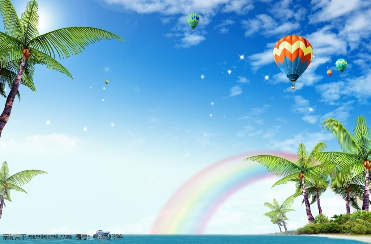 蓝天 白云 椰树 彩虹 降落伞 蓝天白云 背景