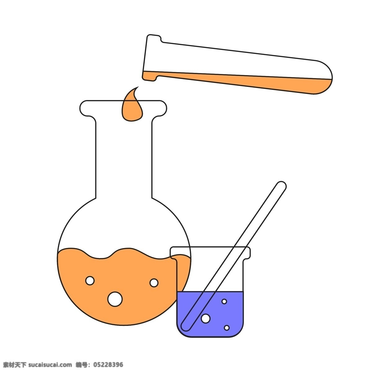 混合 溶剂 实验 插画 橙色液体 白色气泡 混合试验液体 玻璃试管 椭圆形溶剂瓶 化学实验 蓝色液体