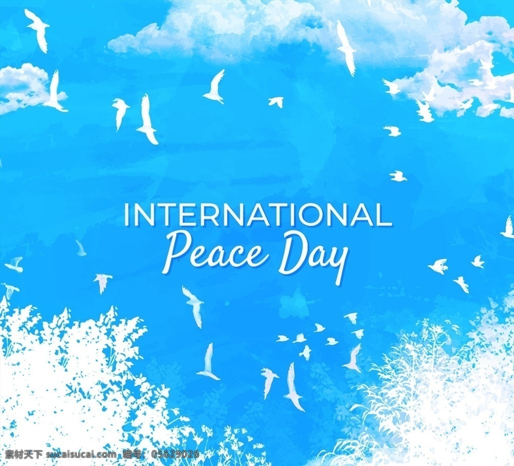 水彩 绘 国际 平日 国际日 大海 鸽子 海鸥 云朵 矢量 高清图片