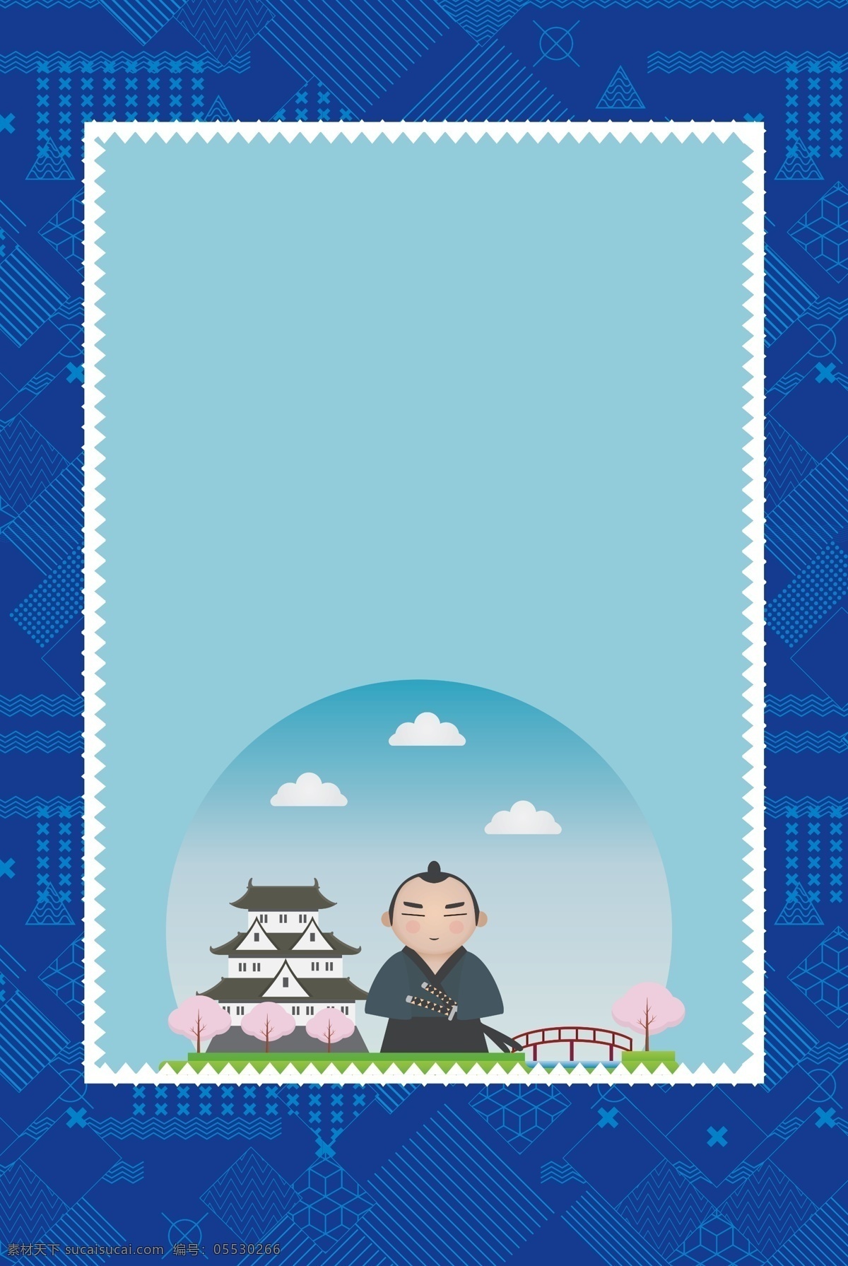 蓝色 扁平化 卡通 日本 旅行 背景 插画 日本旅行背景