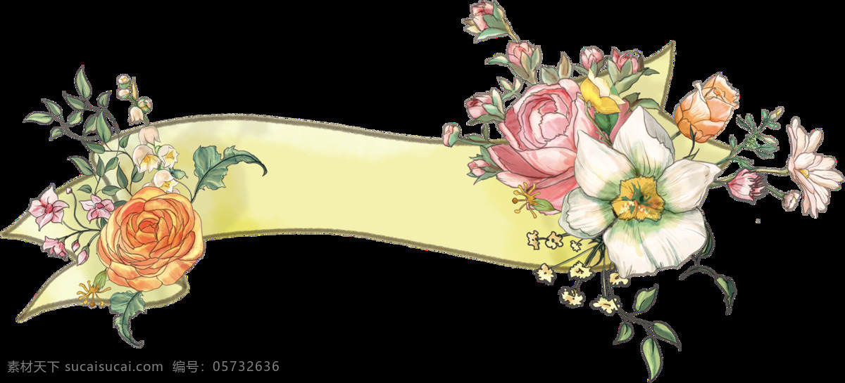 小 清新 淡雅 手绘 花卉 图 装饰 玫瑰花 牡丹花 蔷薇花 花苞 彩带