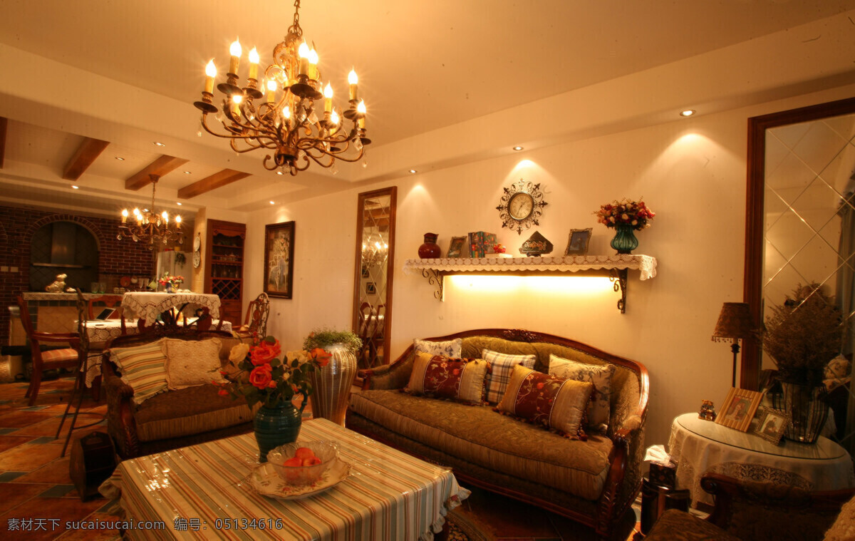 温馨 室内 吊灯 欧式 沙发 田园 装修 家居装饰素材 室内设计