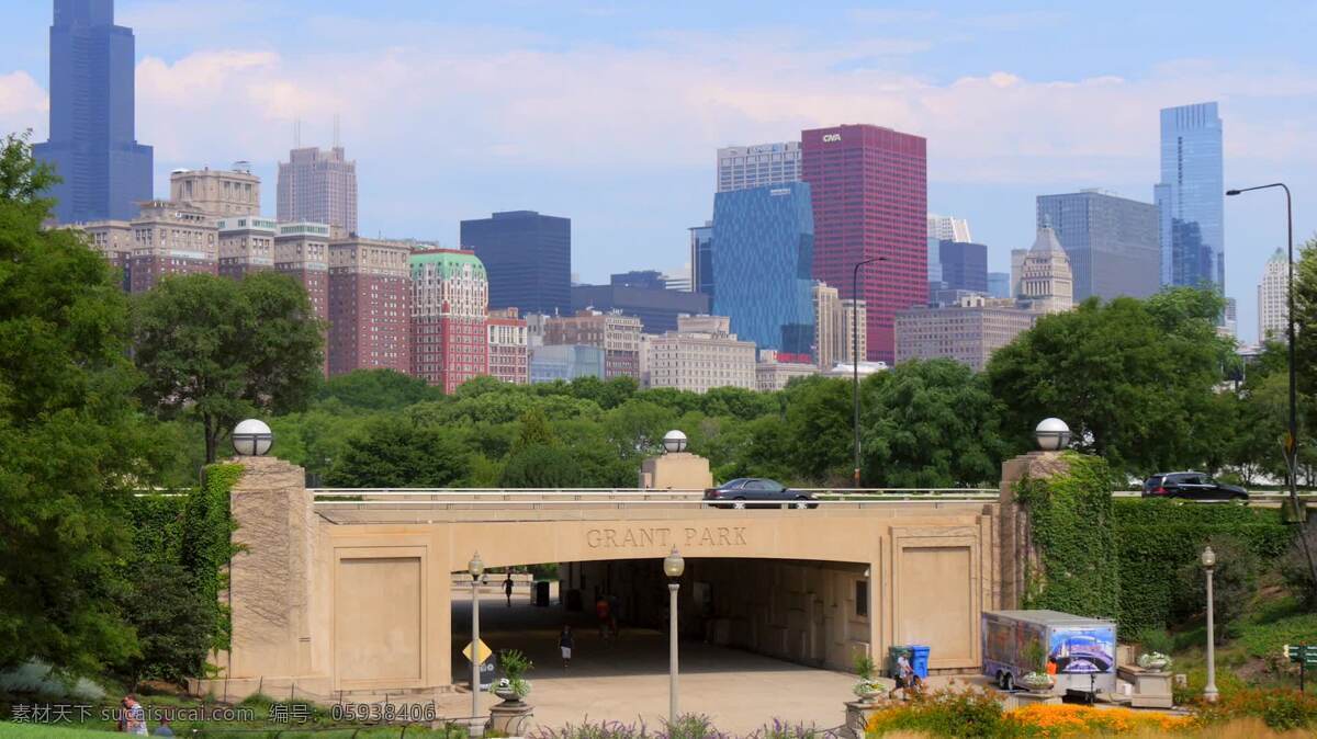 芝加哥 天际线 景观 城镇和城市 伊利诺伊州 密歇根湖 摩天大楼 我们 美国 美利坚合众国 晴朗的 夏天 热的 城市 密歇根运河 芝加哥河 高层 市中心 公园 格兰特公园 grantpark