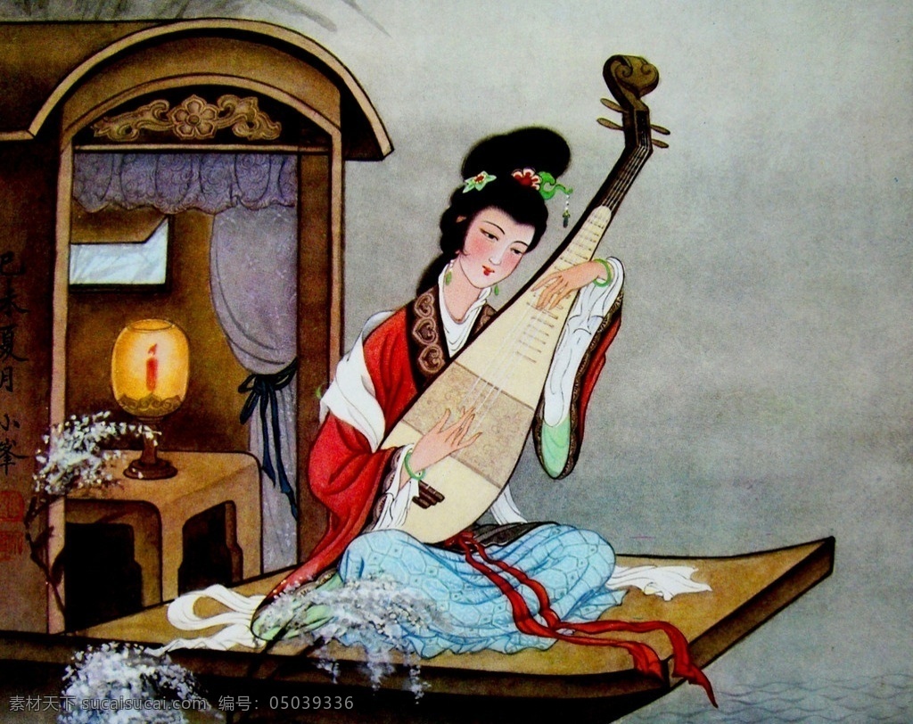 琵琶行 美术 绘画 中国画 工笔重彩画 人物 女人 仕女 美人 动作 表情 姿势 服装 江流 木船 琵琶 书法 印章 国画艺术 国画集45 绘画书法 文化艺术