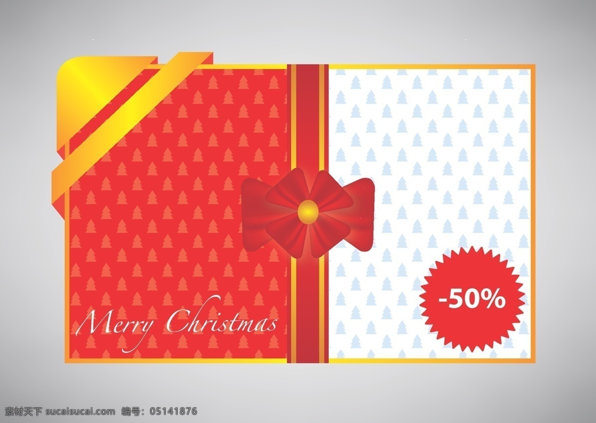 圣诞礼品 卡带 红 金色 丝带 矢量 插画 摘要背景
