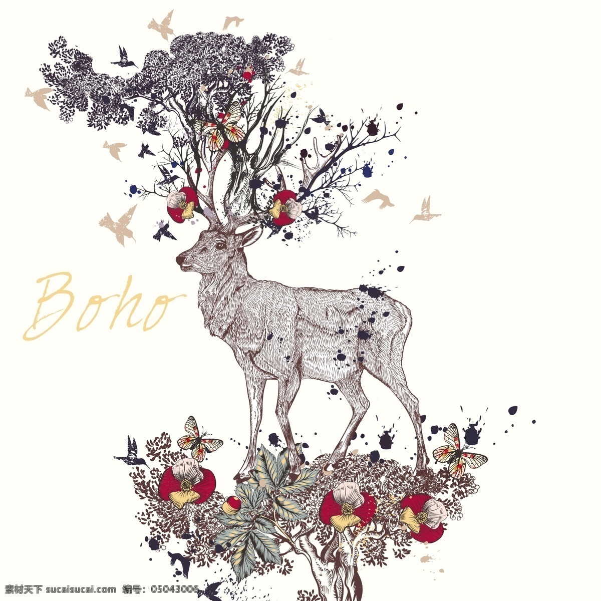 波西 米亚 背景 花卉 抽象的设计 一方面 动物 手绘 饰品 鹿 羽毛 装饰 印度 绘画 民族 波希米亚 花饰 部落 观赏