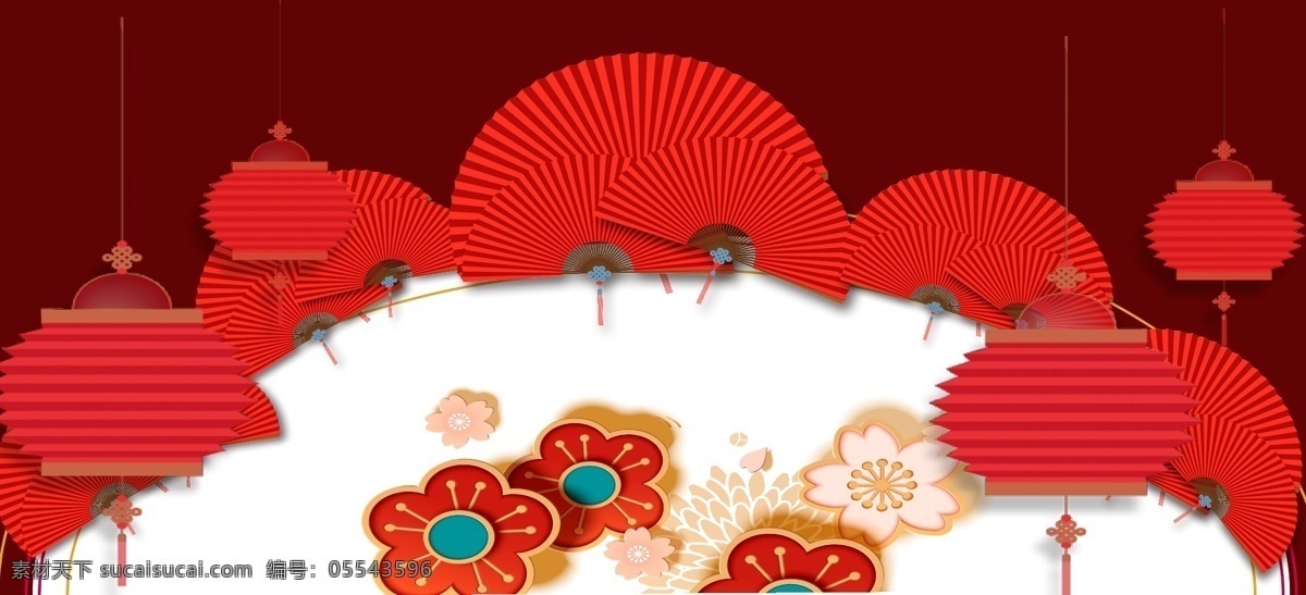 传统 灯笼 广告背景 红色 扇子 商场 祥云 新年 红色喜庆背景