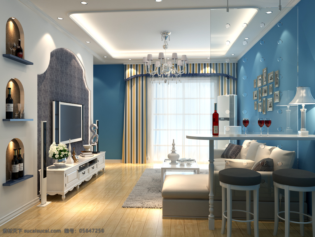 地中海 风格 客厅 冷 色系 效果图 现代 室内 家装 环境设计 室内设计
