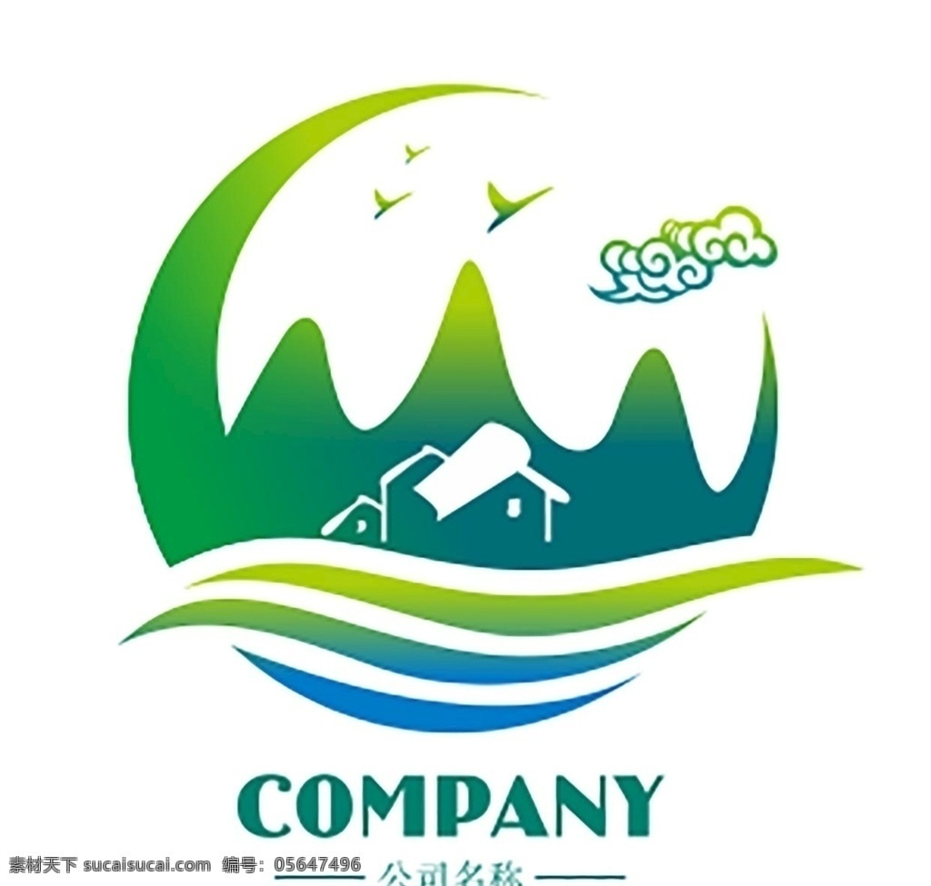 清新 山水 房屋 月 标志 logo 元素 月亮 鸟 logo设计