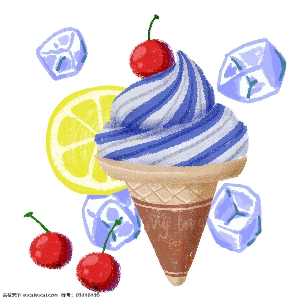 手绘 夏日 清凉 冰淇淋 樱桃 冰块 柠檬 元素 卡通可爱 卡通 可爱 童趣 六一 儿童节 夏天 少女